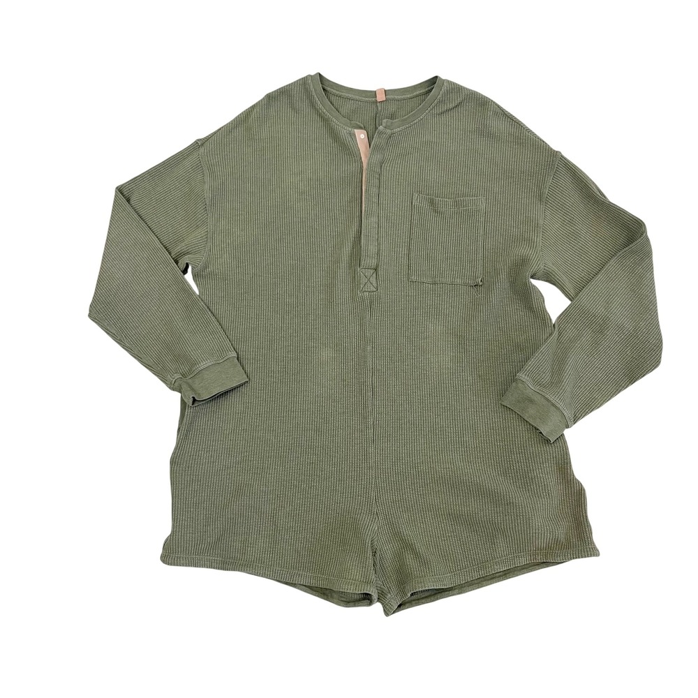 Lunya Restore Romper Green Waffle Knit Henley Long Sleeve Pockets Size Small